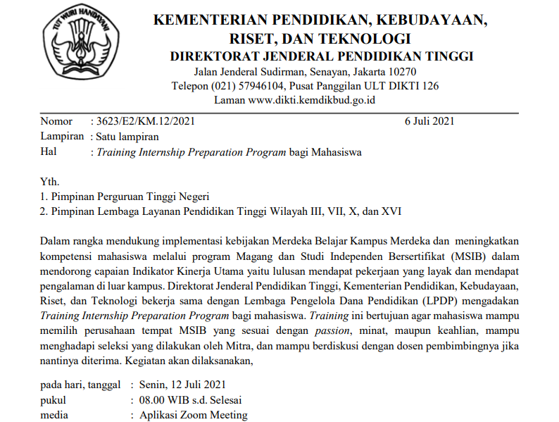 Undangan 12 Juli 2021 Training Internship Preparation Program bagi Mahasiswa